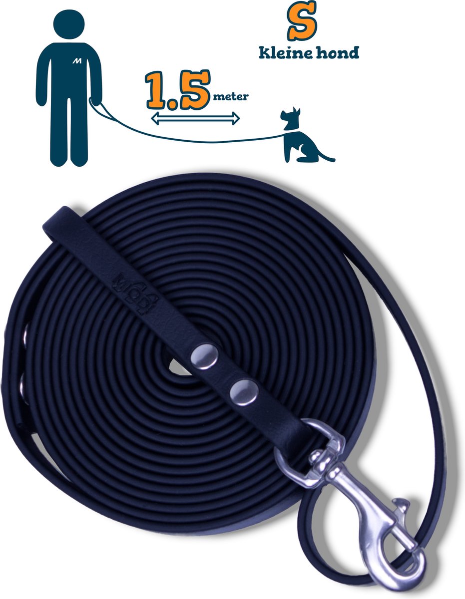 Miqdi hondenriem - BioThane – zwart – 1.5 meter lang – 9mm breed – XS/S – kleine hond