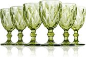 Gekleurde glazen kelk, set van 6 wijnglazen met reliëfontwerp, 10 oz verdikt glazen wijnglas voor het drinken van sap, bruiloftsfeest, wijnglas (Kleur: Groen, Maat: Ruitvormig)