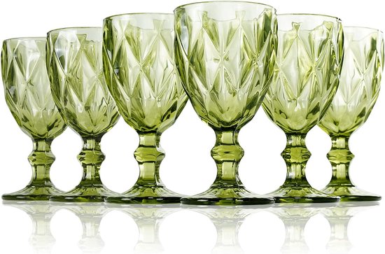Gekleurde glazen kelk, set van 6 wijnglazen met reliëfontwerp, 10 oz verdikt glazen wijnglas voor het drinken van sap, bruiloftsfeest, wijnglas (Kleur: Groen, Maat: Ruitvormig)