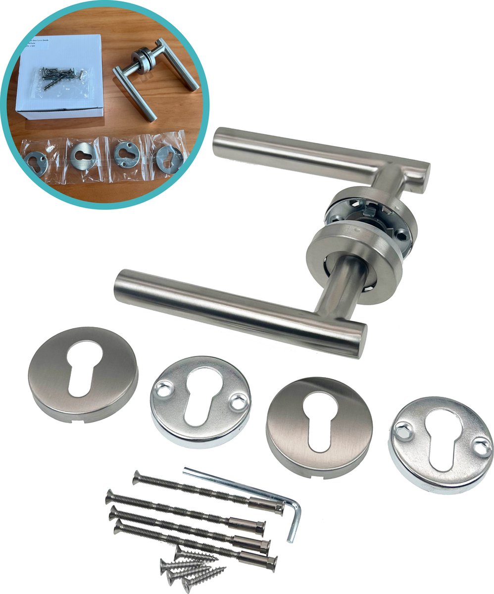 Kierr® Deurklink Straight - moderne Roestvrijstalen Deurkruk met Sleutelgat - Modern Deurbeslag - klinken Zilver - RVS - Inclusief Ronde Rozetten