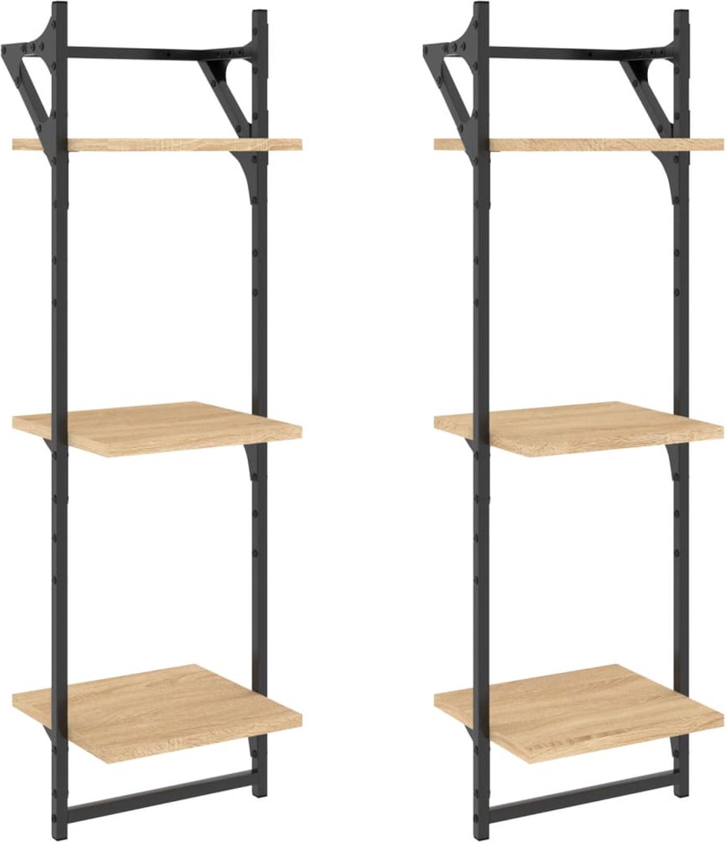 vidaXL Wandschappen - 3-laags - met - stangen - 2 - st - 30x25x100 - cm - sonoma - eiken sonoma eiken