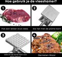Instruction étape par étape pour utiliser le maillet à viande : côté plat, côté dentelé, résultat final.