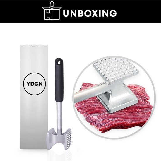 Maillet à viande YUGN avec emballage, un maillet à viande sur de la viande rouge dans un cercle.