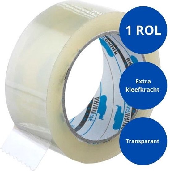 Rhino verpakkingstape transparant 50mm x 66 mtr - extra kleefkracht - 1 rol per verpakking