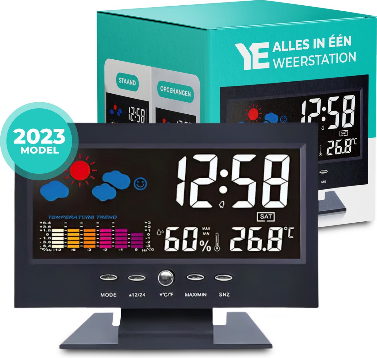 YE - Weerstation 2023 Model - Weersverwachting - Hygrometer - Binnen en Buiten - Temperatuur - Luchtvochtigheid - 100M bereik - Zwart