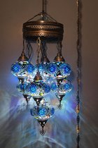 7 globe bollen Turkse hanglamp Oosterse kroonluchte blauwr mozaïek glas