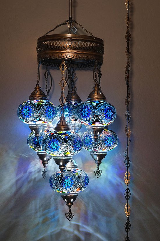 Lampe suspendue turque à 7 boules, lustre oriental en verre mosaïque bleu