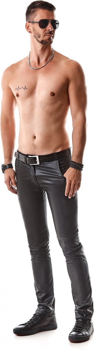 RMVincenzo - Sculpted Elegance: Black Wetlook Low-Waisted Pants with Sensual Fit | RFP Logo and Perforated Details