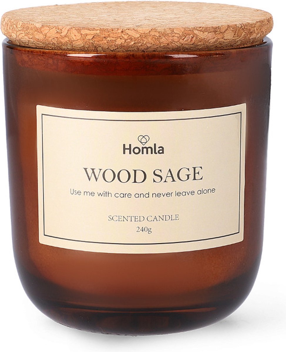 HOMLA - Decoratieve geurkaars - Unieke geur – Minimalistische geurcompositie – Waskaars in glazen houder – Bruine hout- en saliegeur