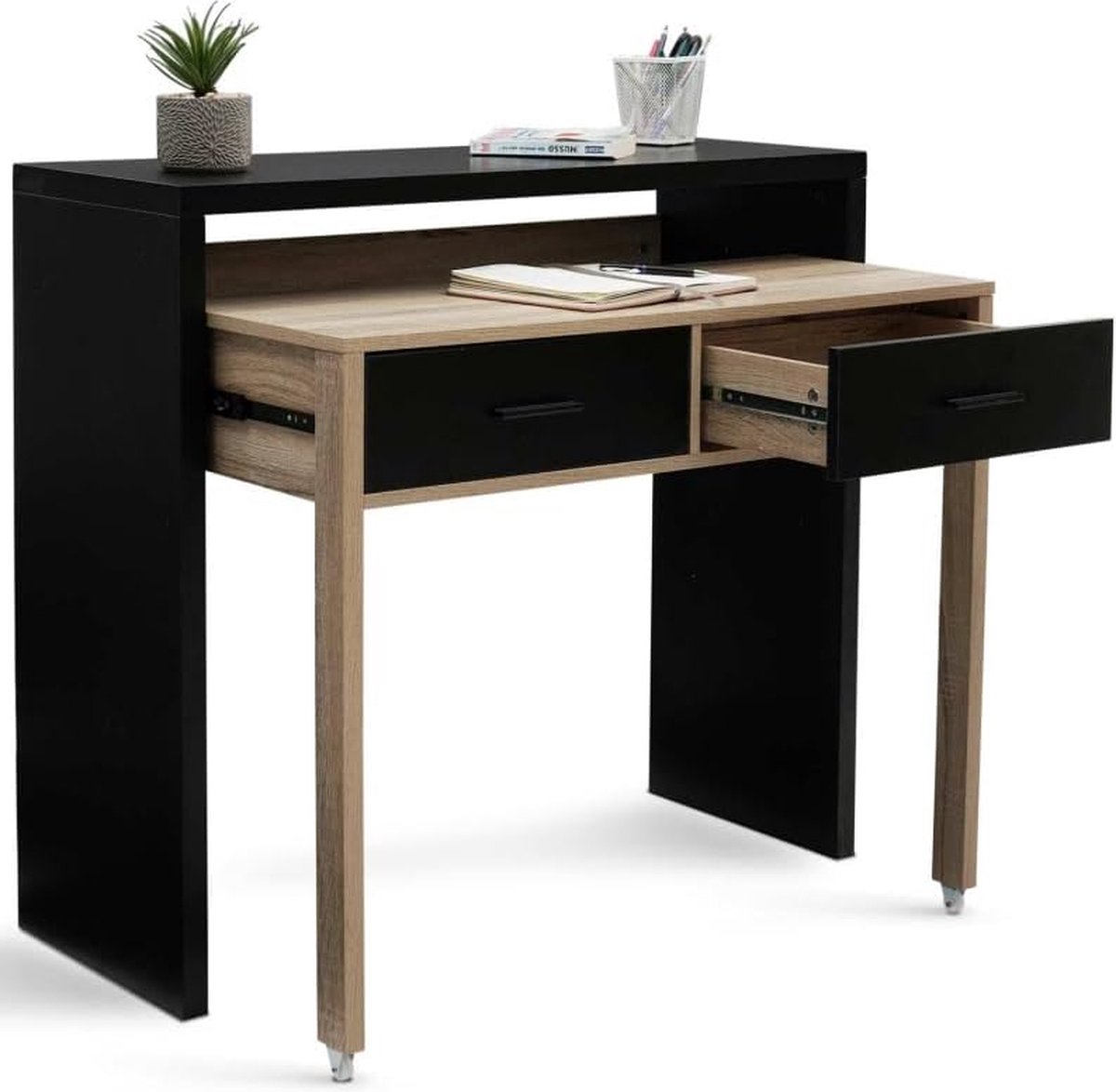 Uitschuifbaar bureau Max hout zwart en beukenlook