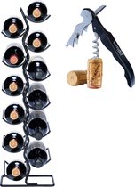 Lendo Online Wijnrek voor 12 flessen 22x16x70cm (LxBxH) - Wijnkast - Wijnfleshouder - Wijnopslag met kurkentrekker Zwart Poedercoating Metaal Staal Flessenrek Industriële stijl