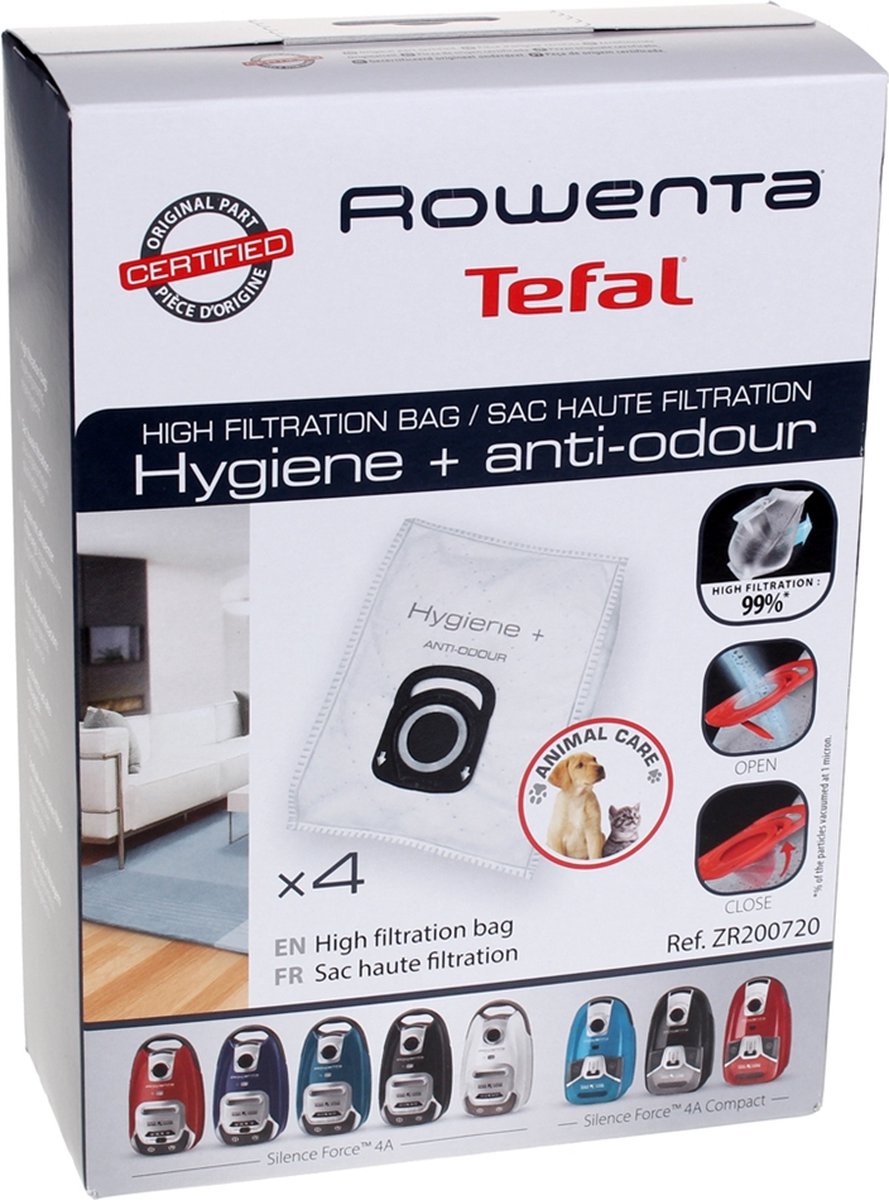 Lot de 4 sacs (hygiène + anti-odeur) pour Aspirateur ROWENTA