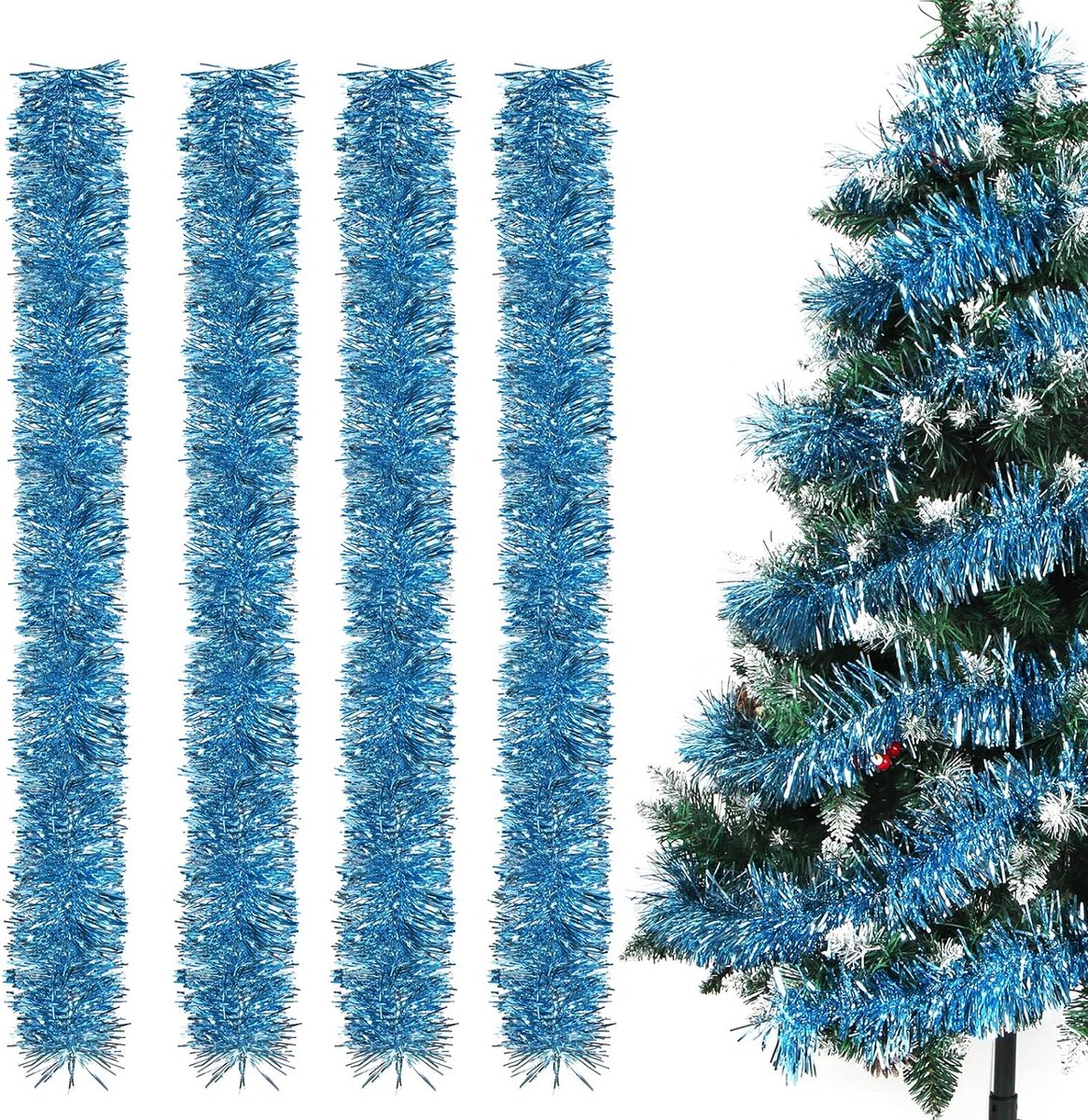 Kerstslingers, 4 stuks lametta-kerstboom, 2 m lamettaslinger, lametta-slinger, Kerstmis, kerstdecoratie, lametta voor kerstboom, kerstfeest, verjaardagsfeestdecoratie (lichtblauw)