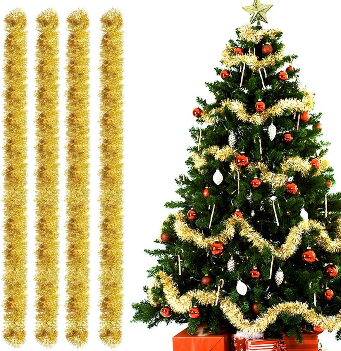 Kerstslingers, 4 stuks lametta-kerstboom, 3 m lamettaslinger, lametta-slinger, Kerstmis, kerstdecoratie, lametta voor kerstboom, kerstfeest, verjaardagsfeestdecoratie (goud)