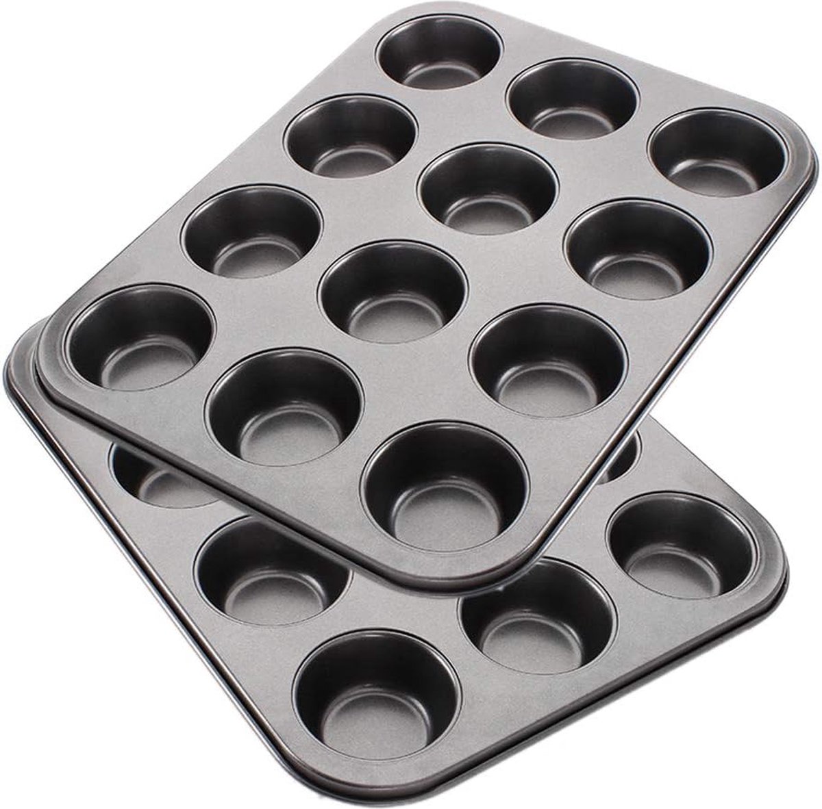 Bakplaat voor 12 muffins, muffinvorm met antiaanbaklaag voor muffins, muffinvormen, muffinbakvorm, cupcakevormen, koolstofstalen cakemal met een diameter van ongeveer 6,3 cm, verpakking van 2 stuks.