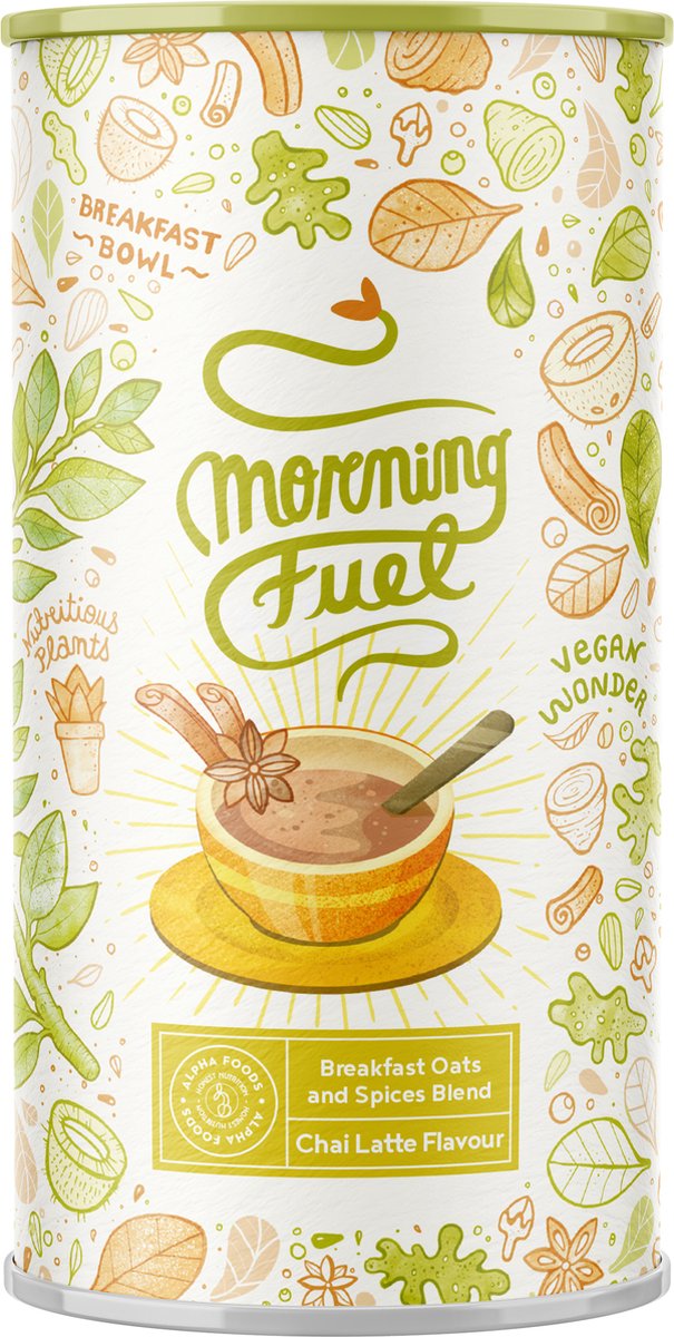 Alpha Foods Morning Fuel Ontbijt Bowl - Breakfast Bowl en Smoothie Bowl gemaakt van Havermout en Groentemix, Veganistische en Voedingsstofrijke Ontbijt en Maaltijd Bowl poeder van 500 gram voor 10 shakes of porties, met Chai Latte
