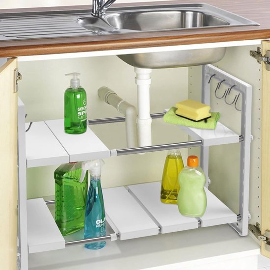 Uitbreidbare Under Sink Organizer 2-laags verstelbare plankorganizer met 10 verwijderbare panelen en roestvrijstalen buizen met haken, multifunctioneel opbergrek