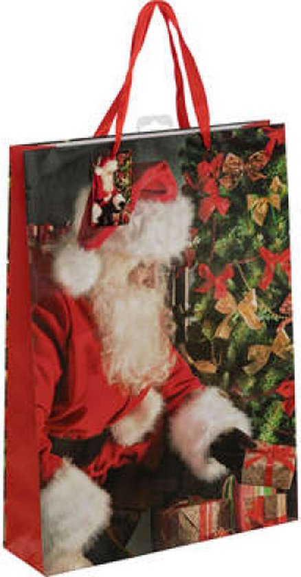 Foto: Cadeau verpakking tas traditionele santa kerstman cadeauzakje veelkleurig lengte 18 x breedte 10 x hoogte 23 cm 2 stuks