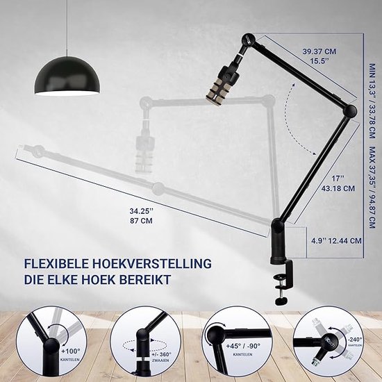 Bras Microphone CACENCAN Avec Lumière - Support Bureau Pliable - Adaptateur 3/8 à 5/8" - Charge 1.5kg - Podcast, Streaming
