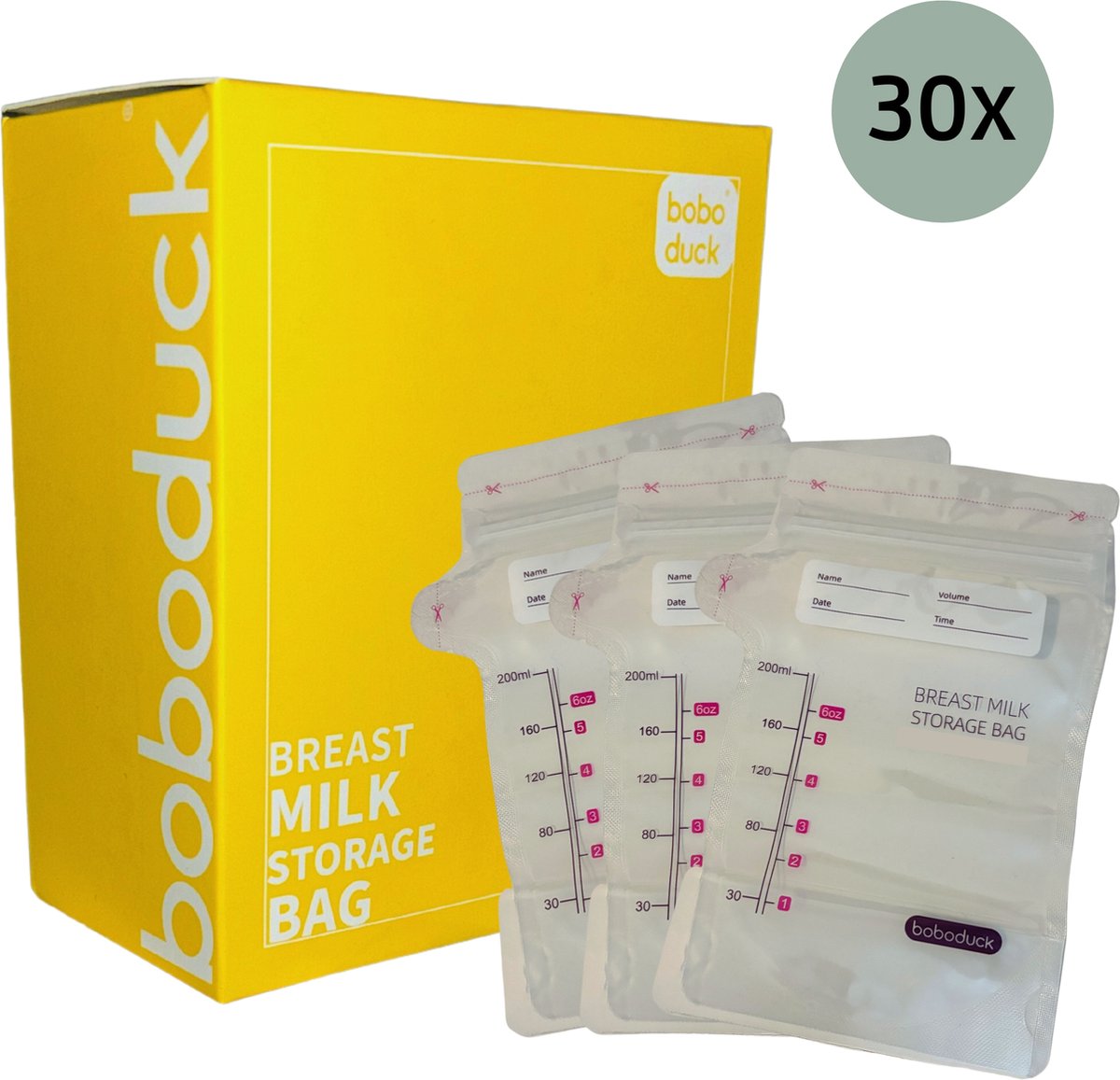 Boboduck - Moedermelk bewaarzakjes - 30 stuks - Borstvoeding bewaarzakje - Melkzakjes - 200 ml - Met dubbele sluiting en schenktuit - Boboduck