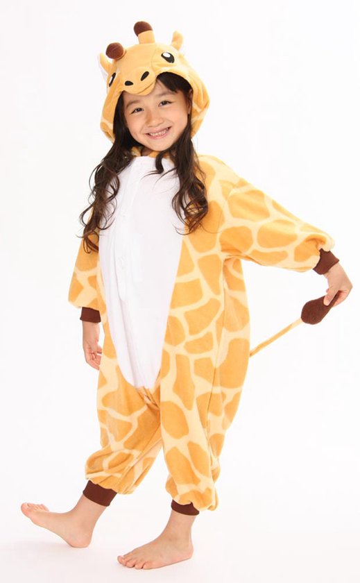 KIMU® Onesie Giraf Pak - Maat 152-158 - Girafpak Kostuum Oranje Geel Giraffe Pak - Giraffepak Kinder Jumpsuit Pyjama Huispak Jongen Meisje Festival