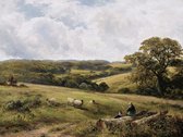 Schilderij op Canvas - Landschap - 100x75 cm - Herder en Schapen - Wanddecoratie