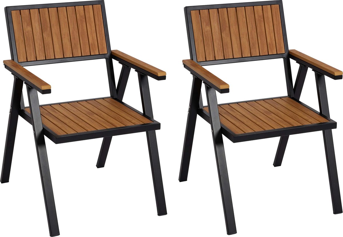 MCW Set van 2 tuinstoelen -J95 balkonstoel stoel coating voor buiten aluminium houtlook ~ frame zwart teakhout