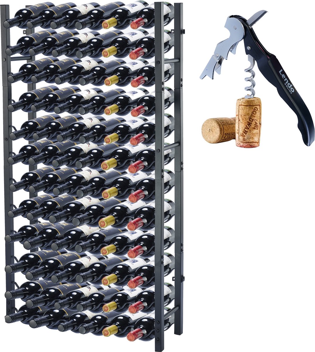 Lendo Online Wijnrek voor 72 flessen 65x20x120cm (LxBxH) Wijnkast - Wijnfleshouder - Wijnopslag met kurkentrekker Zwart Poedercoating Metaal Staal Flessenrek Industriële stijl