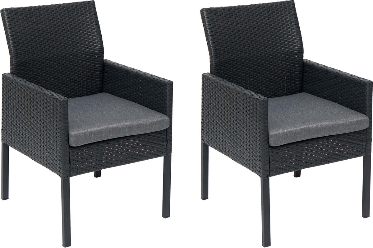 Set van 2 Poly-Rattan Fauteuils MCW-G12, Tuinstoel Wicker Chair ~ zwart, Kussen donkergrijs, Alu / half rond / Spun Poly