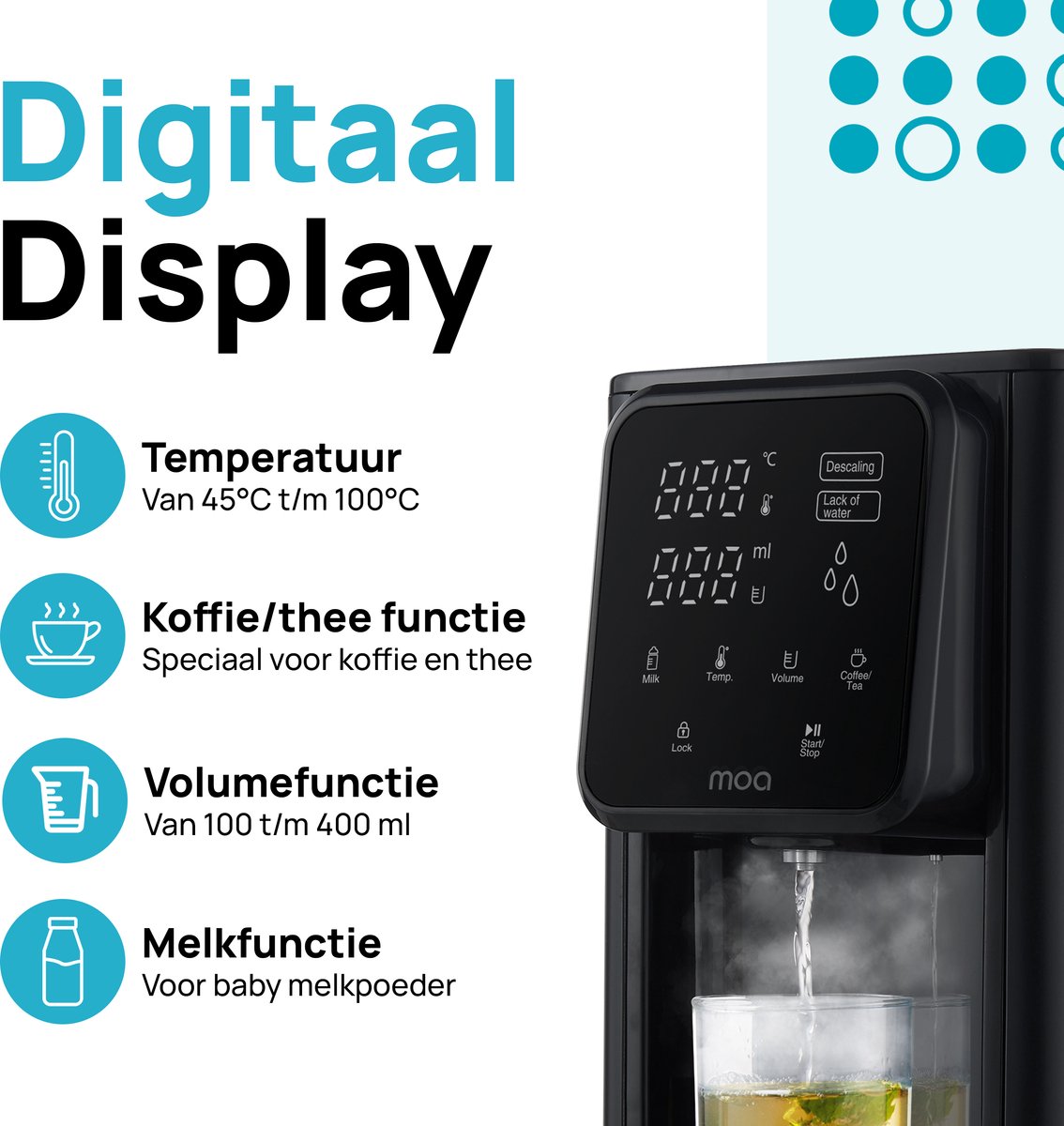 MOA Heetwaterdispenser 3L met Temperatuurregeling - Instant Waterkoker - BPA en PFAS Vrij - 45-100°C - Melkfunctie - Heetwatertap - BPA-vrij - Zwart — afbeelding 3