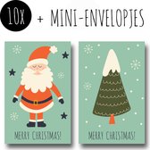 10x Kerst Minikaartjes + Mini-envelopjes | MERRY CHRISTMAS | kerstman & kerstboom | kleine kaartjes met kraft enveloppen