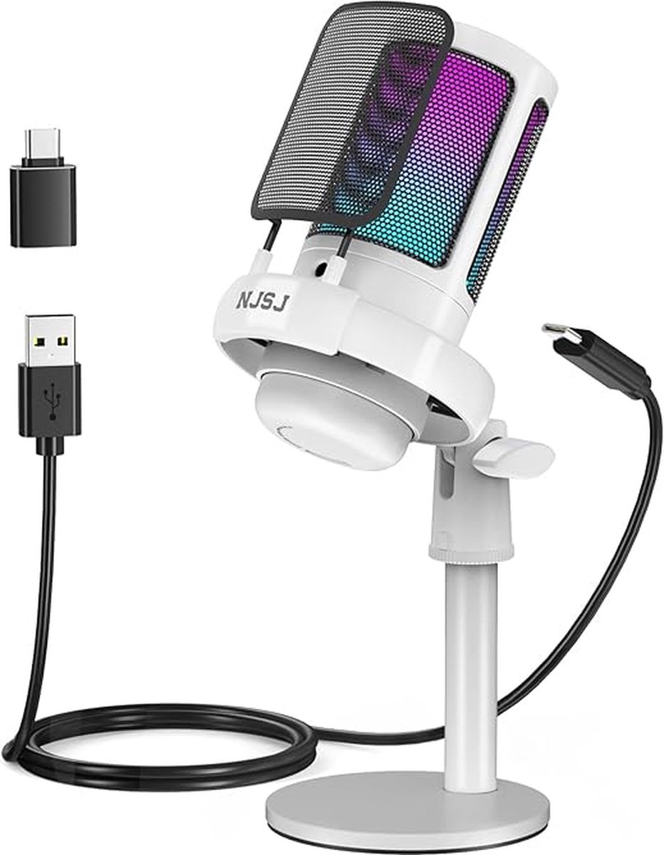 USB Gaming Microfoon voor PC/PS4/PS5/Mac/Telefoon - Condensatormicrofoon met Dempknop, RGB-verlichting, Versterkingsknop en Controle-aansluiting - Ideaal voor Streaming en Podcasting - Wit - Merkloos