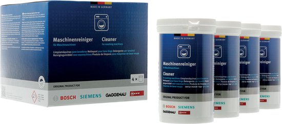Doos en vier containers wasmachinereiniger met blauwe etiketten.