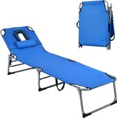 Zonneligstoel met hoofdsteun, inklapbare ligstoel, strandstoel met 5 verstelbare rugleuning, tuinligstoel voor tuin, strand, 194 x 60 x 36 cm (blauw)
