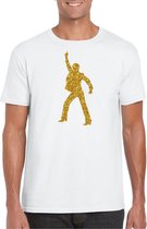 Bellatio Decorations disco verkleed t-shirt voor heren - wit - gouden glitter - jaren 70/80 L