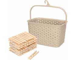Wasknijpers mandje met ophanghaak - beige - gevuld met 100x houten wasknijpers van 7 cm - was ophangen