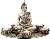 Boeddha beeldje met 5 kaarshouders op schaal - kunststeen - zilver - 27 x 20 cm - deco artikel