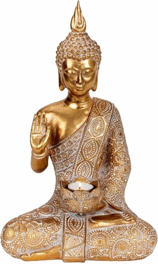 Boeddha beeldje met theelichthouder - binnen/buiten - kunststeen - goud - 38 x 23 cm