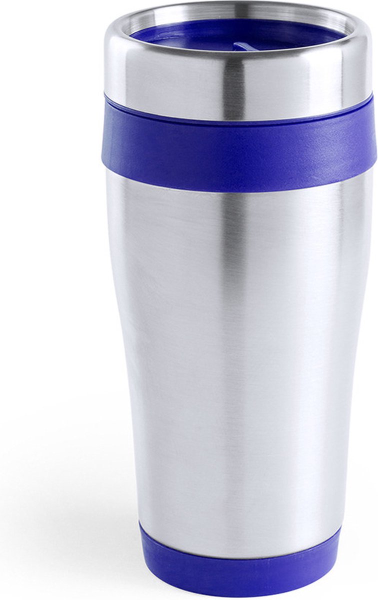RVS warmhoudbeker - 450 ml - zilver blauw - dubbele wand - reisbeker