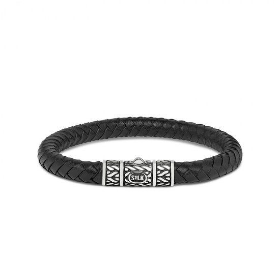 SILK Jewellery - Zilveren Armband - Roots - zwart leer