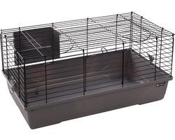 Hamsterkooi – Flamingo Mobi – caviakooi & dwergkonijnenkooi – binnenkooi met hooiruif en diepe bodem – metaal zwart & grijs – 75x47x40 cm – Europese kwaliteit