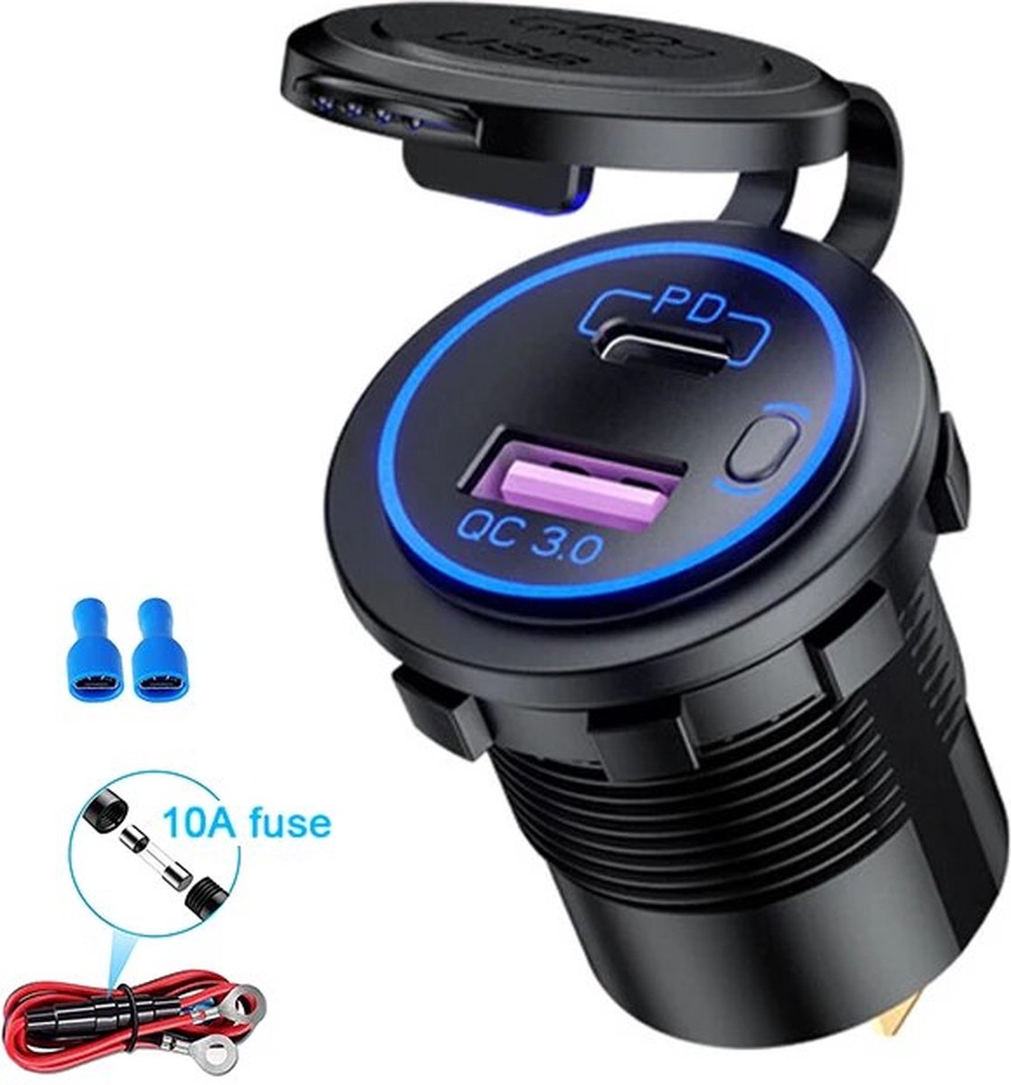 DrPhone CM18 – Sigarettenaanstekerplug (vrouwelijk) Autolader – 48W –Qualcomm 3.0 & PD Snellader met Schakelaar – Socket - Geschikt voor o.a auto/boot/vrachtwagen/SUV Etc.
