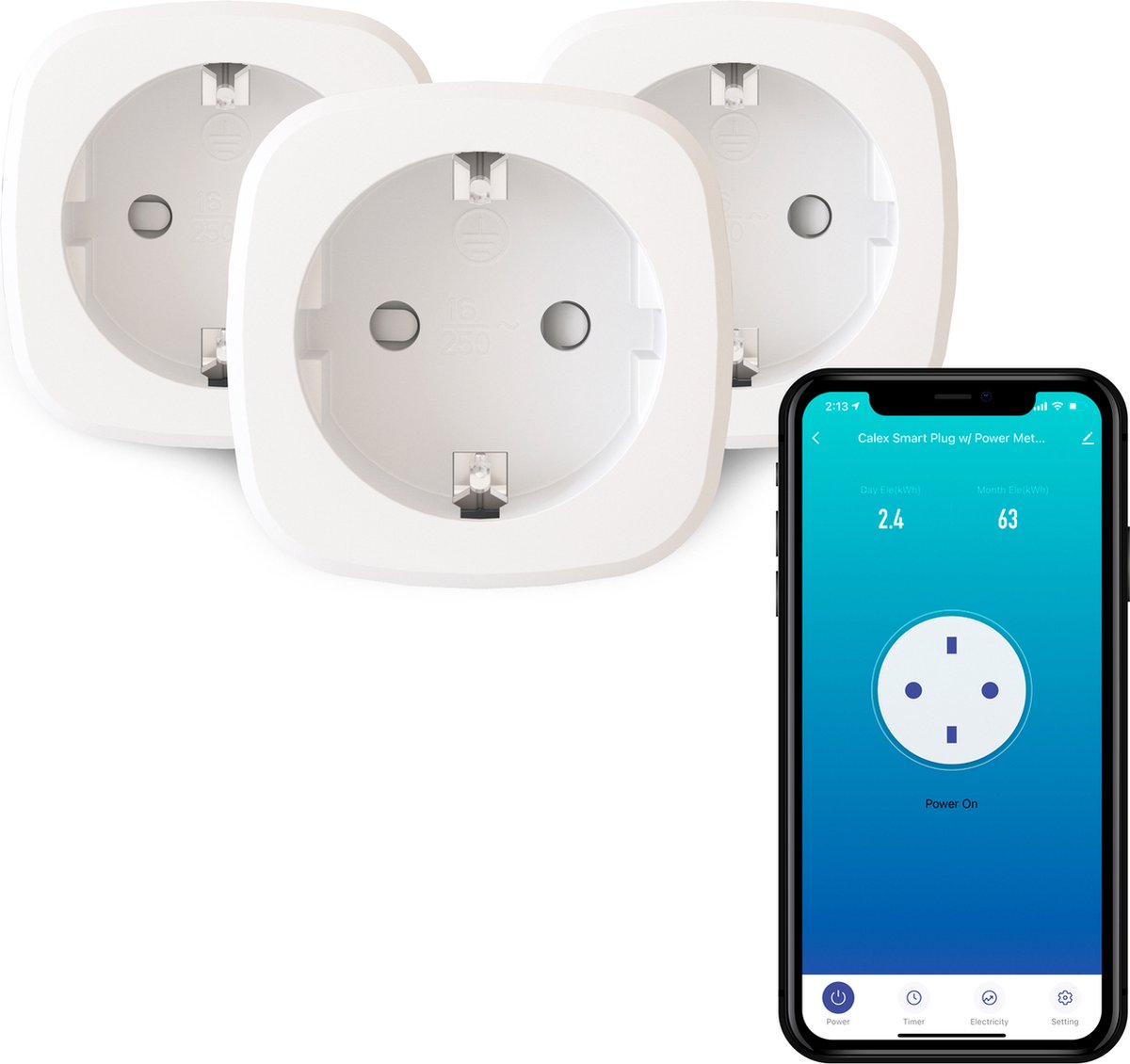 Calex Slimme Stekker - Set van 3 stuks - Energiemeter - Smart Plug met App Bediening - Werkt met Alexa en Google Home