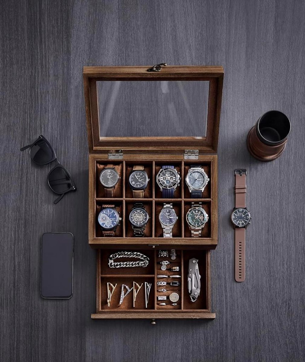 Songmics Horlogekast met 8 vakken - Horlogekast van massief hout - Met glazen deksel, voor ringen, armbanden en kettingen.