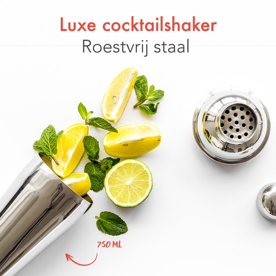Cocktailshaker van roestvrij staal (750 ml) met citroenen, limoenen en muntblaadjes die eruit vallen.