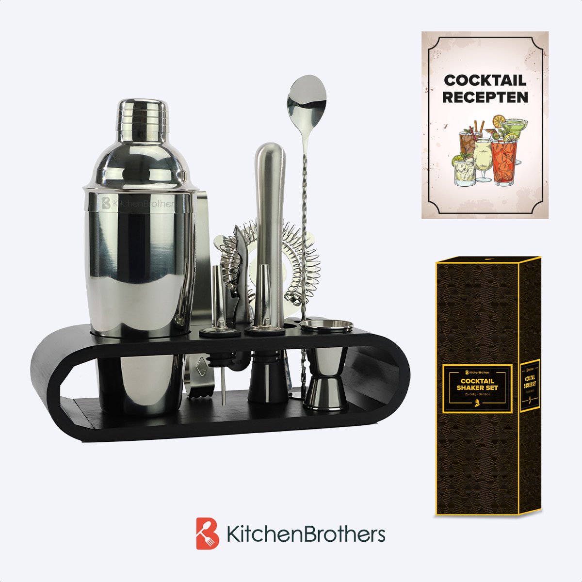KitchenBrothers Cocktail Set - 11 delig - Inclusief Cocktail Shaker (750ml) - Compleet voor Cocktailbar - Zwart/Bamboe - Cocktailset - BPA-Vrij - Met Receptenboekje - Cadeauverpakking — cadeau in Kookcadeaus - foto 7