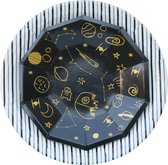 Papieren bordjes "Space" (8st) - ster - maan - ruimte - ruimtevaart - themafeest - goud - zwart