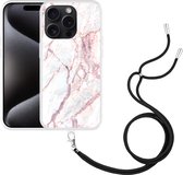 Cazy Hoesje met koord geschikt voor iPhone 15 Pro White Pink Marble