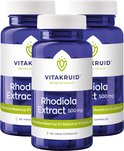 Drie blauwe potten met witte dop. Centraal etiket vermeldt 'Rhodiola Extract 500 mg' en '60 VEGA CAPSULES'.