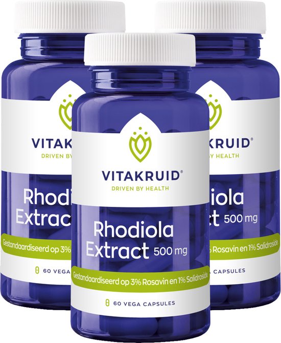 Drie blauwe potten met witte dop. Centraal etiket vermeldt 'Rhodiola Extract 500 mg' en '60 VEGA CAPSULES'.